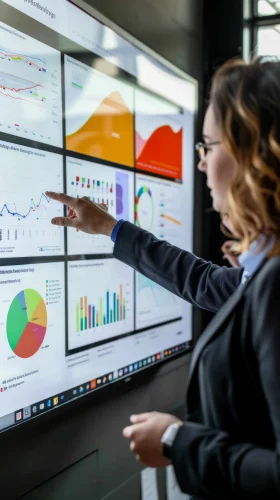 Geschäftsfrau zeigt auf einen großen Bildschirm mit Diagrammen und Statistiken, symbolisch für Datenanalyse und Präsentation.