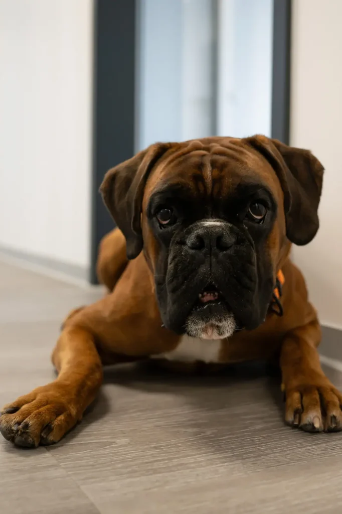 Teddy, der Kanzleihund, ein brauner Boxer, liegt entspannt auf dem Boden in einem Büroflur.